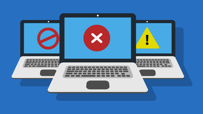 3 graphic laptops with warning symbols